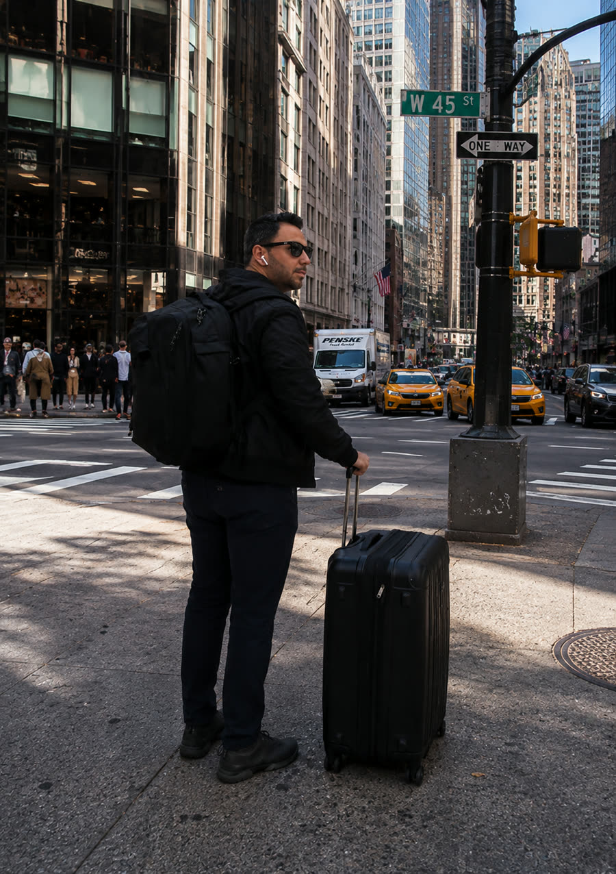 Thomas Edson com mala e mochila em uma esquina da W 45th Street, em Nova York